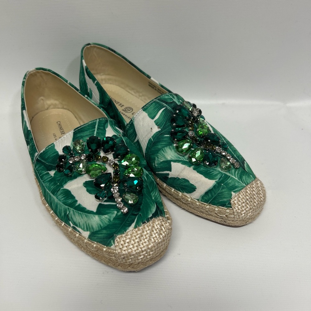 Chinese Laundry Green Leaf Espadrilles with Jewel Accents